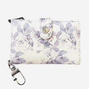 NWOT BETSEY JOHNSON PURPLE WHITE FLORAL CARD CASE WALLET SILVER COIN KEY HOLDER